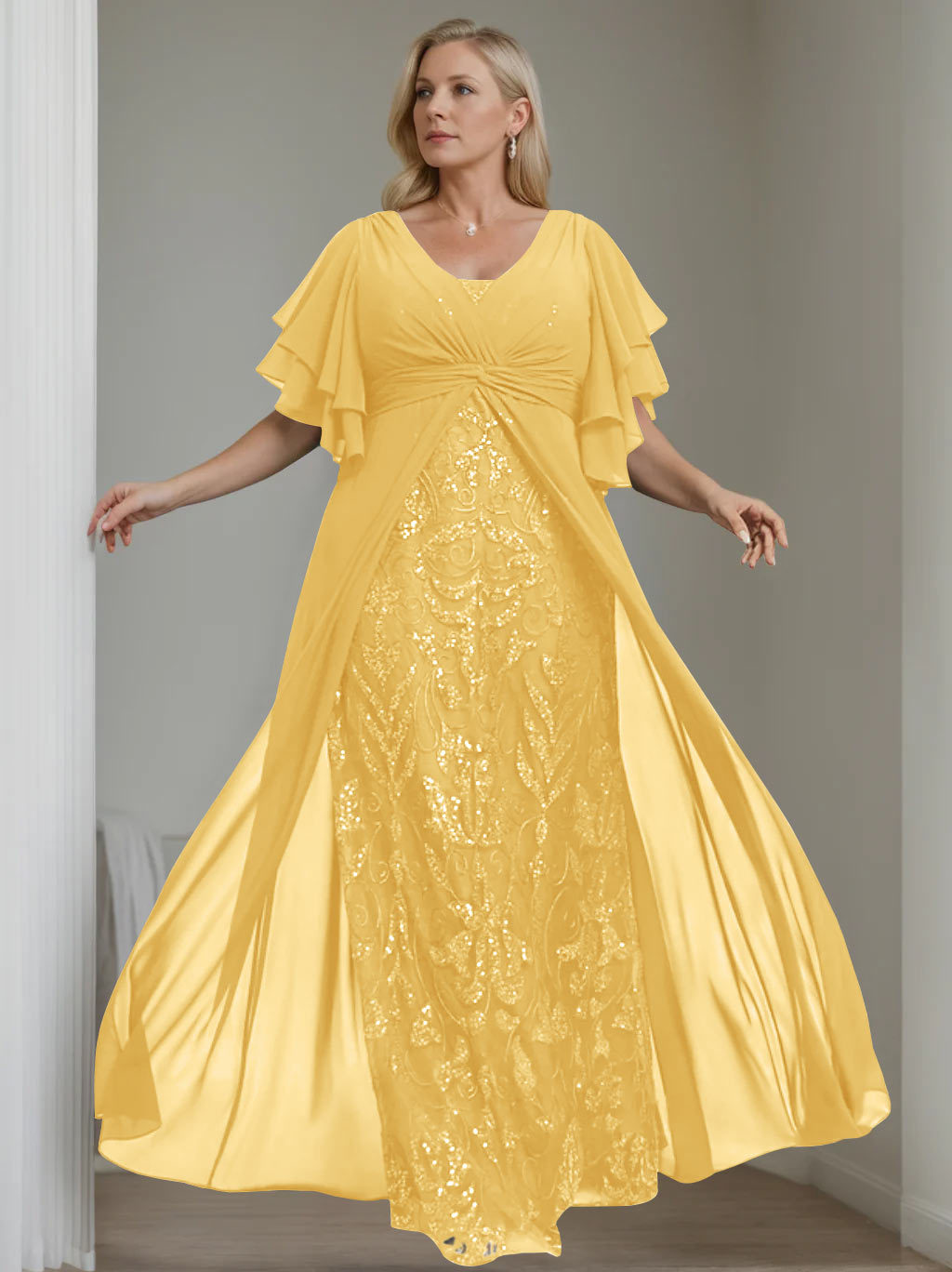 Plus Size Floor-Length Mother of the Bride A-Line Dress with V-Neck and Half Sleeves-27prom