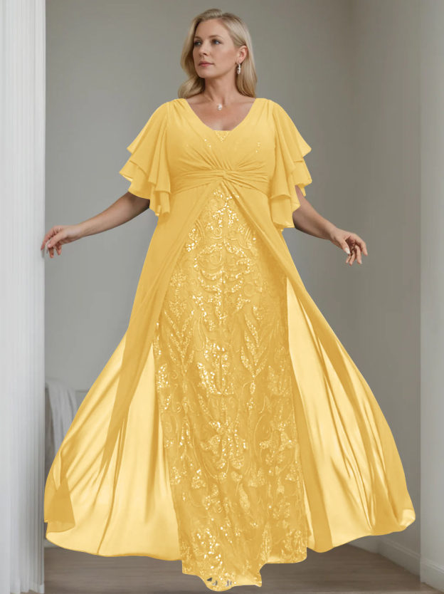 Plus Size Floor-Length Mother of the Bride A-Line Dress with V-Neck and Half Sleeves-27prom
