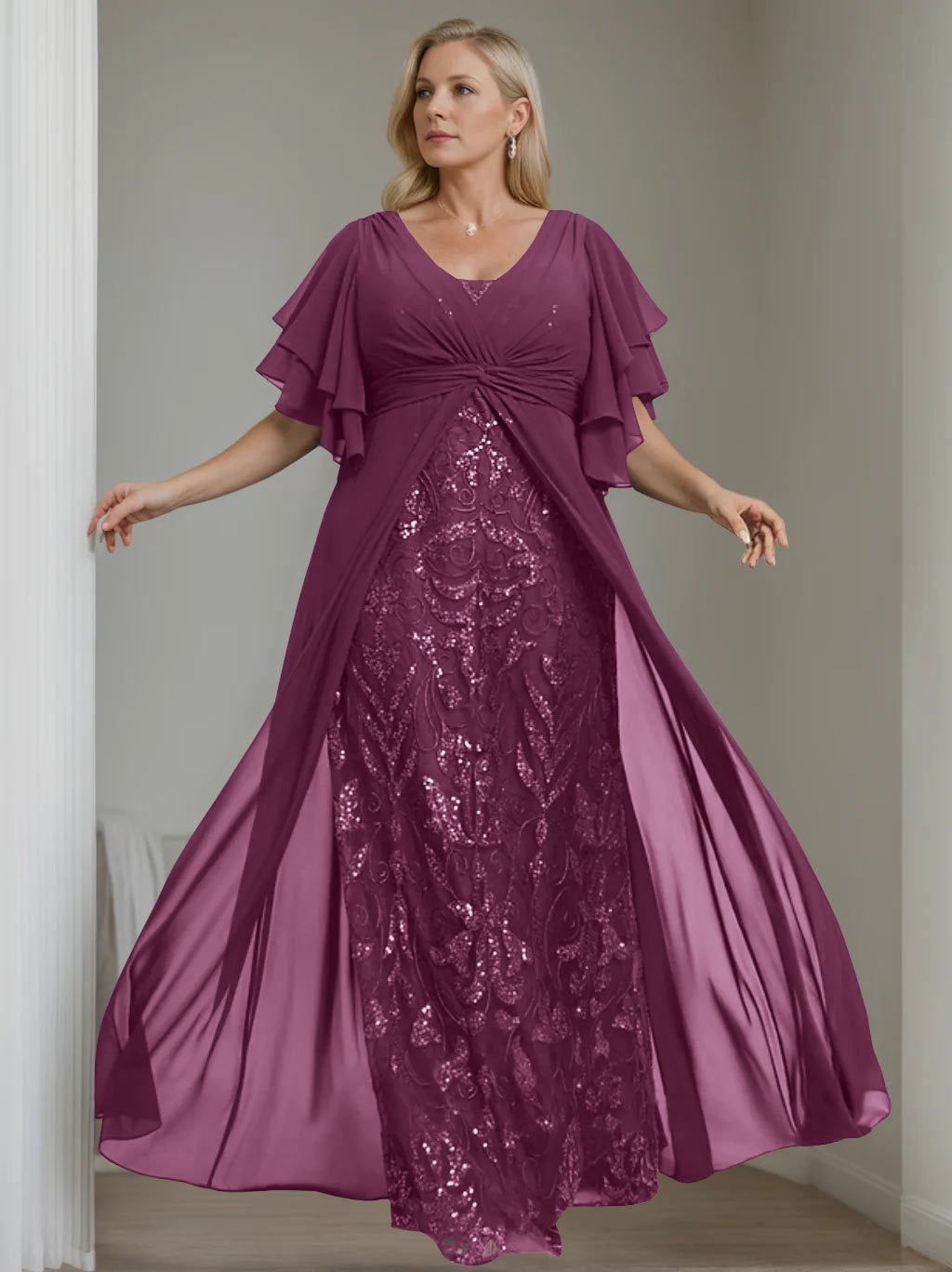 Plus Size Floor-Length Mother of the Bride A-Line Dress with V-Neck and Half Sleeves-27prom