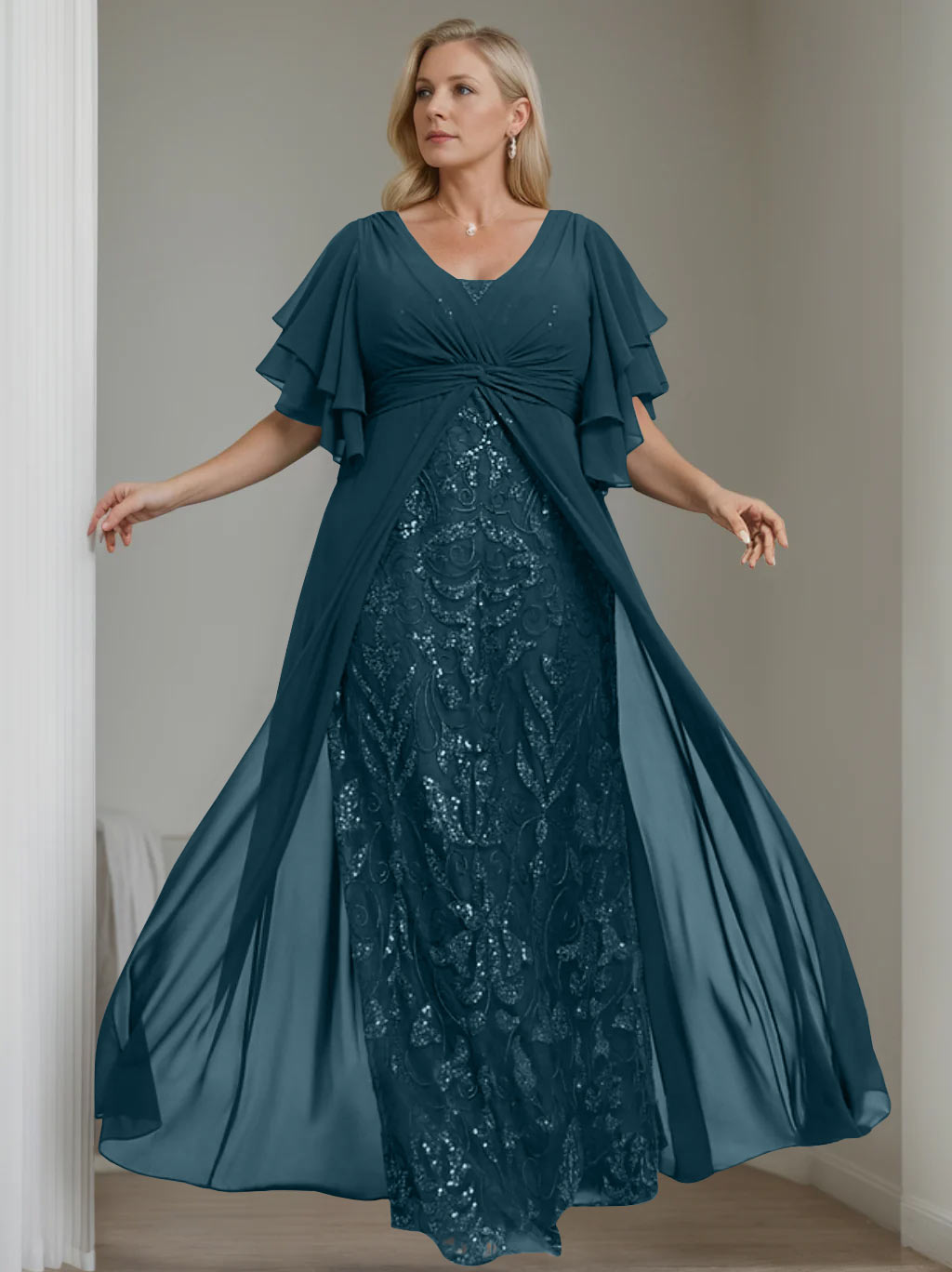 Plus Size Floor-Length Mother of the Bride A-Line Dress with V-Neck and Half Sleeves-27prom