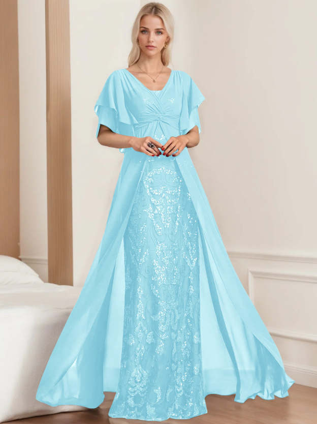 Plus Size Mother of the Bride A-Line Floor-Length Dress with V-Neck and Half Sleeves