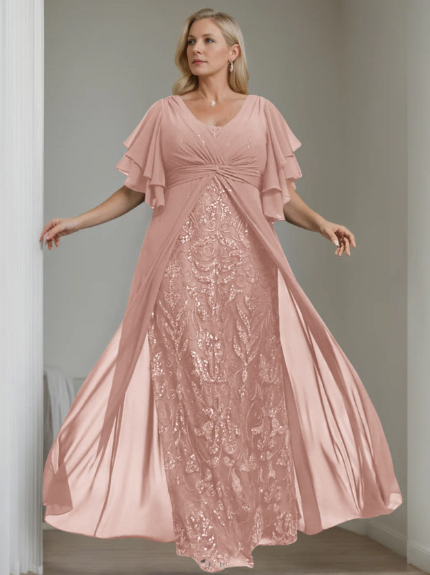 Plus Size Floor-Length Mother of the Bride A-Line Dress with V-Neck and Half Sleeves-27prom