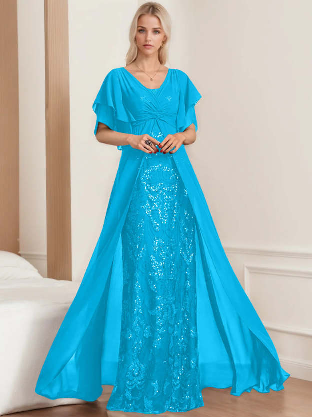Plus Size Mother of the Bride A-Line Floor-Length Dress with V-Neck and Half Sleeves