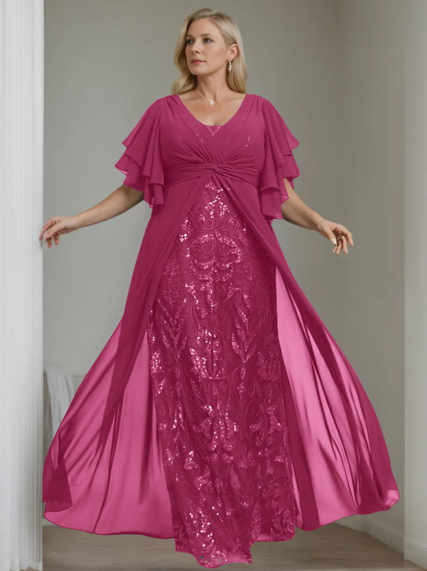 Plus Size Floor-Length Mother of the Bride A-Line Dress with V-Neck and Half Sleeves-27prom