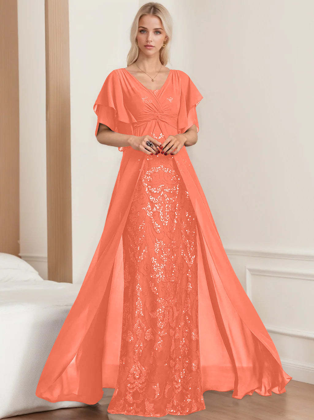 Plus Size Mother of the Bride A-Line Floor-Length Dress with V-Neck and Half Sleeves