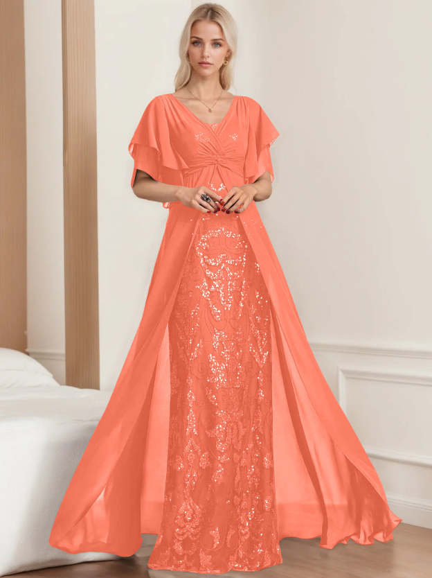 Plus Size Mother of the Bride A-Line Floor-Length Dress with V-Neck and Half Sleeves