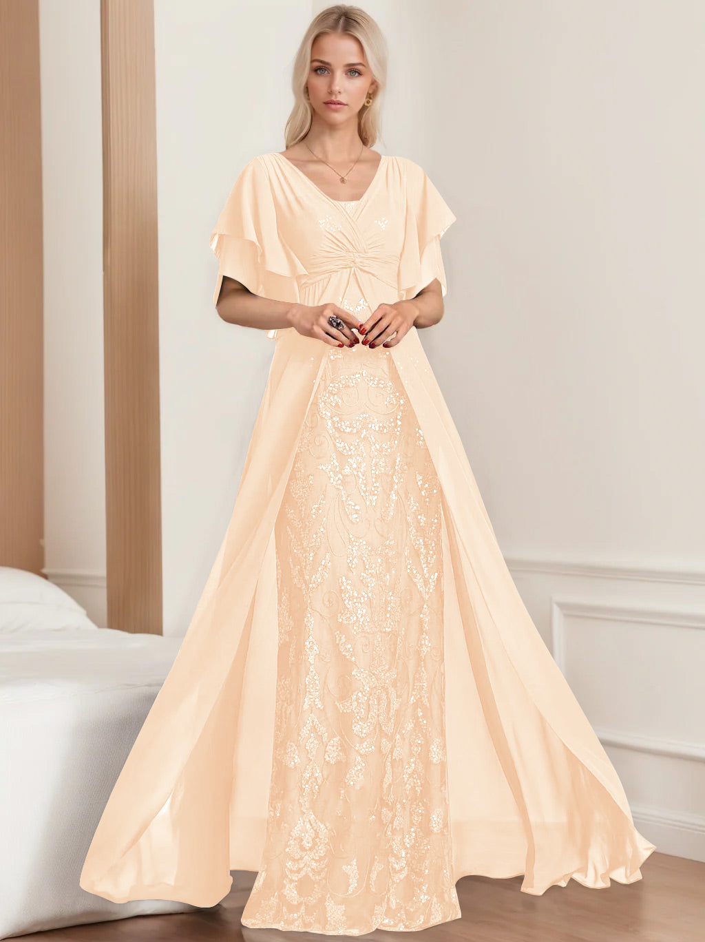Plus Size Mother of the Bride A-Line Floor-Length Dress with V-Neck and Half Sleeves