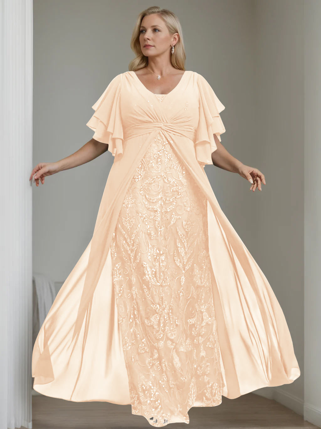 Plus Size Floor-Length Mother of the Bride A-Line Dress with V-Neck and Half Sleeves-27prom