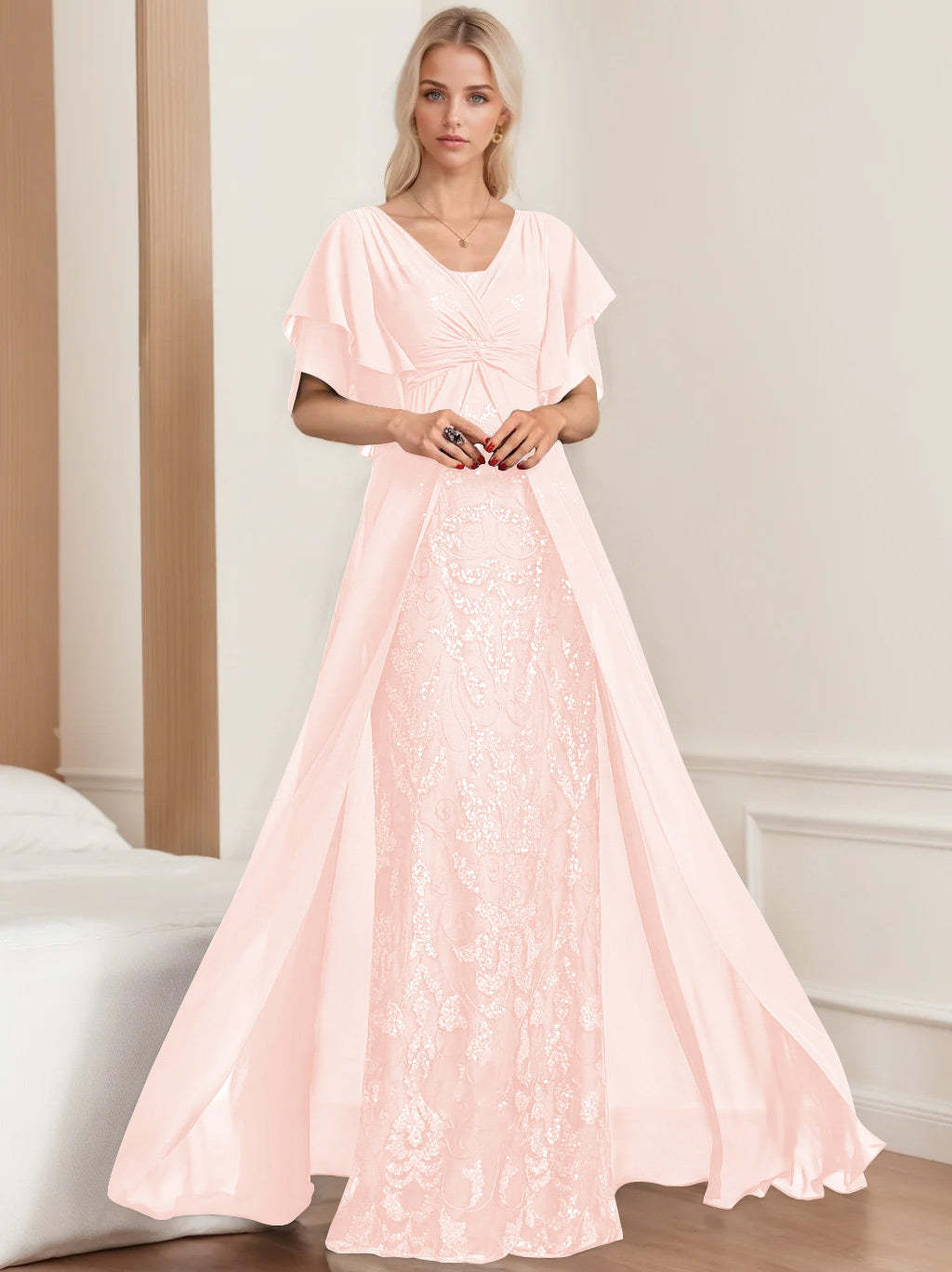 Plus Size Mother of the Bride A-Line Floor-Length Dress with V-Neck and Half Sleeves