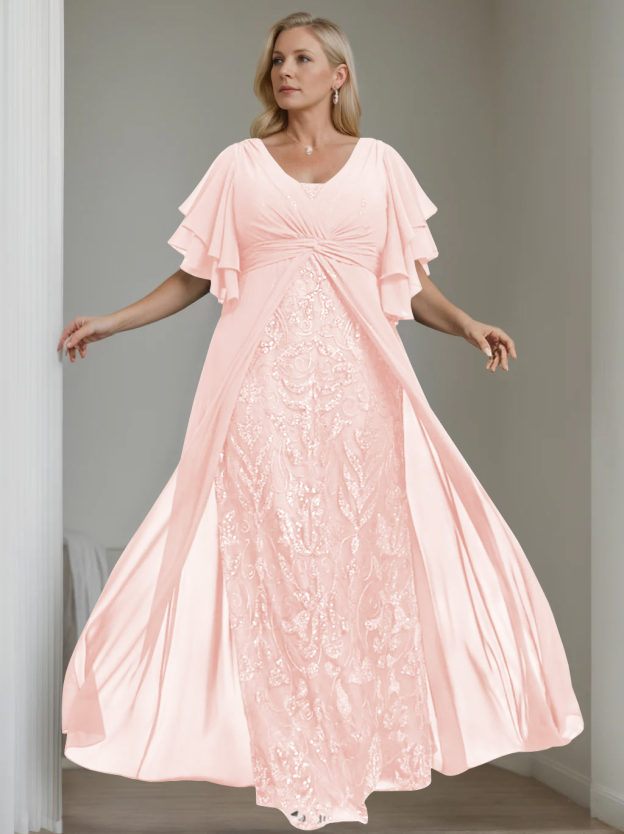 Plus Size Floor-Length Mother of the Bride A-Line Dress with V-Neck and Half Sleeves-27prom