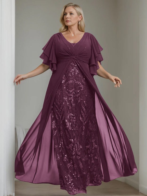 Plus Size Floor-Length Mother of the Bride A-Line Dress with V-Neck and Half Sleeves-27prom