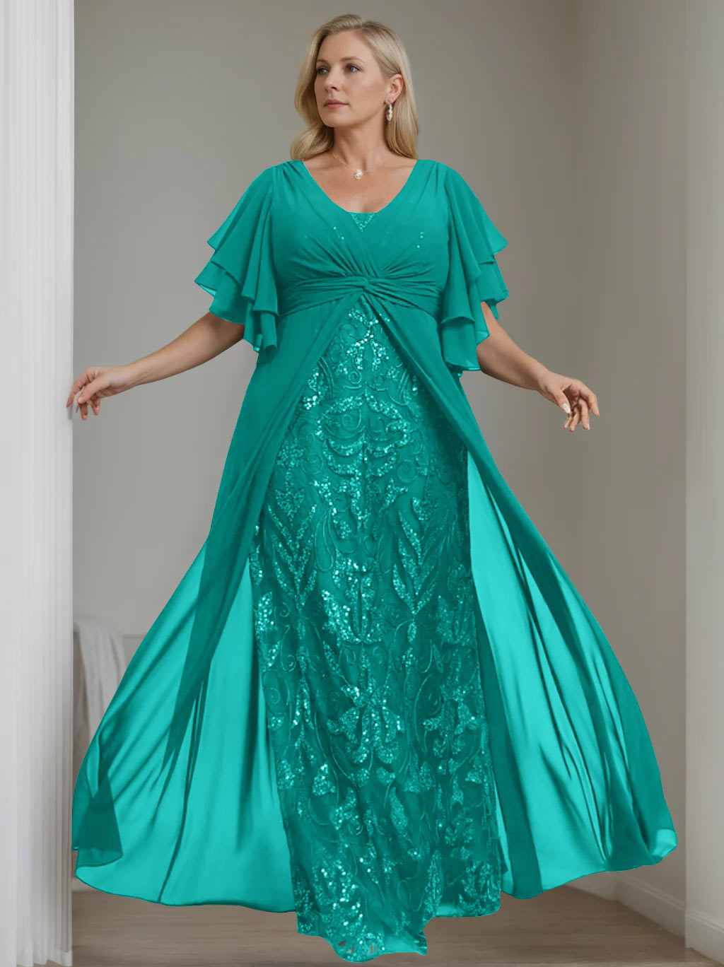 Plus Size Floor-Length Mother of the Bride A-Line Dress with V-Neck and Half Sleeves-27prom