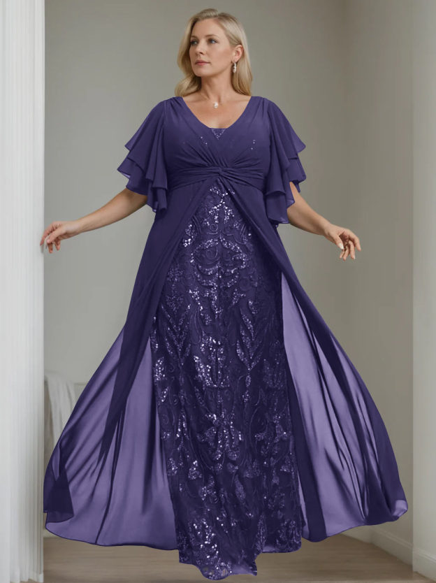 Plus Size Floor-Length Mother of the Bride A-Line Dress with V-Neck and Half Sleeves-27prom