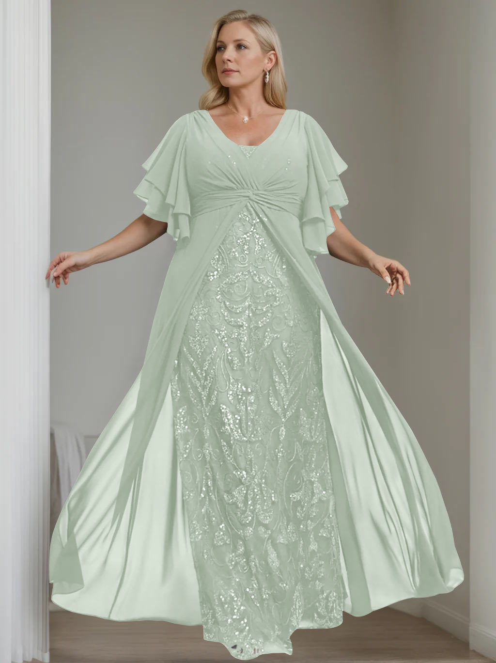 Plus Size Floor-Length Mother of the Bride A-Line Dress with V-Neck and Half Sleeves-27prom