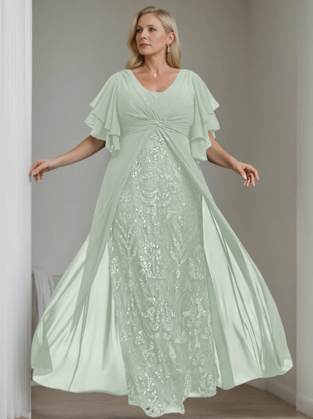 Plus Size Floor-Length Mother of the Bride A-Line Dress with V-Neck and Half Sleeves-27prom