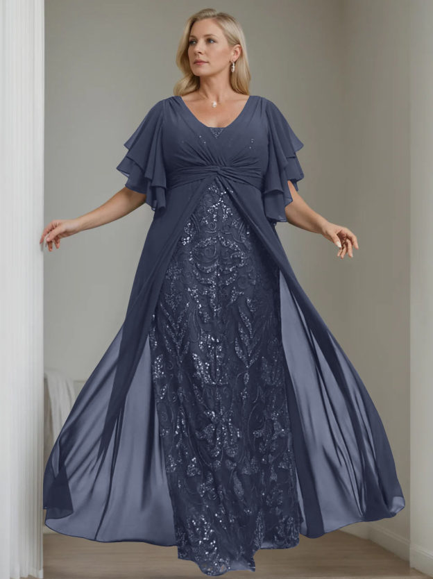 Plus Size Floor-Length Mother of the Bride A-Line Dress with V-Neck and Half Sleeves-27prom