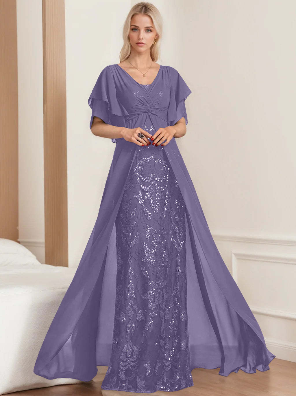 Plus Size Mother of the Bride A-Line Floor-Length Dress with V-Neck and Half Sleeves