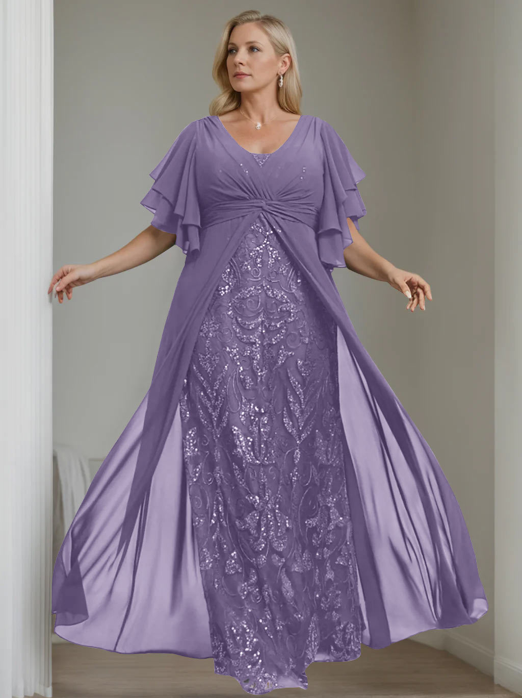 Plus Size Floor-Length Mother of the Bride A-Line Dress with V-Neck and Half Sleeves-27prom