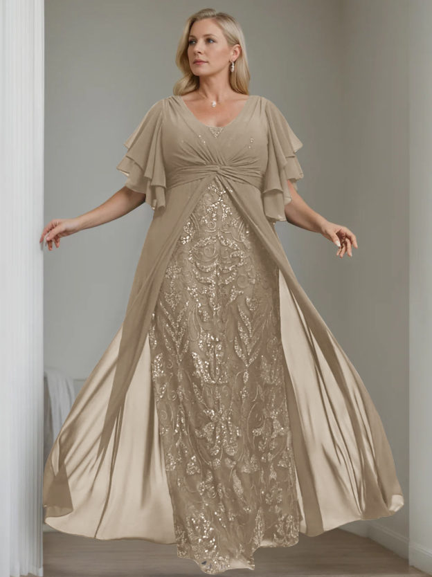 Plus Size Floor-Length Mother of the Bride A-Line Dress with V-Neck and Half Sleeves-27prom