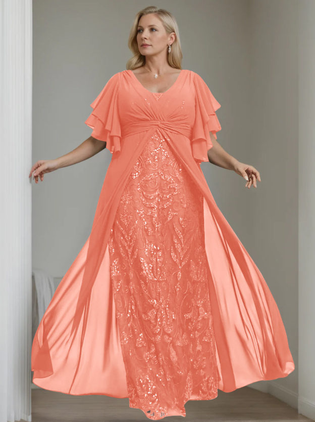 Plus Size Floor-Length Mother of the Bride A-Line Dress with V-Neck and Half Sleeves-27prom