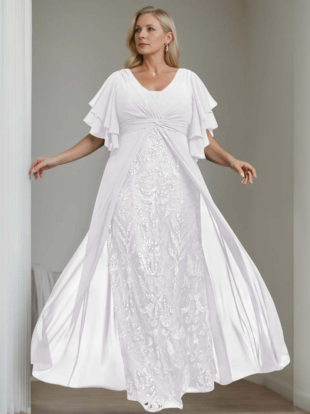 Plus Size Floor-Length Mother of the Bride A-Line Dress with V-Neck and Half Sleeves-27prom