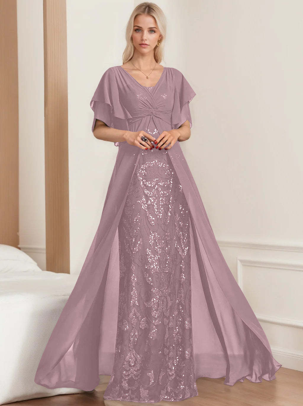Plus Size Mother of the Bride A-Line Floor-Length Dress with V-Neck and Half Sleeves