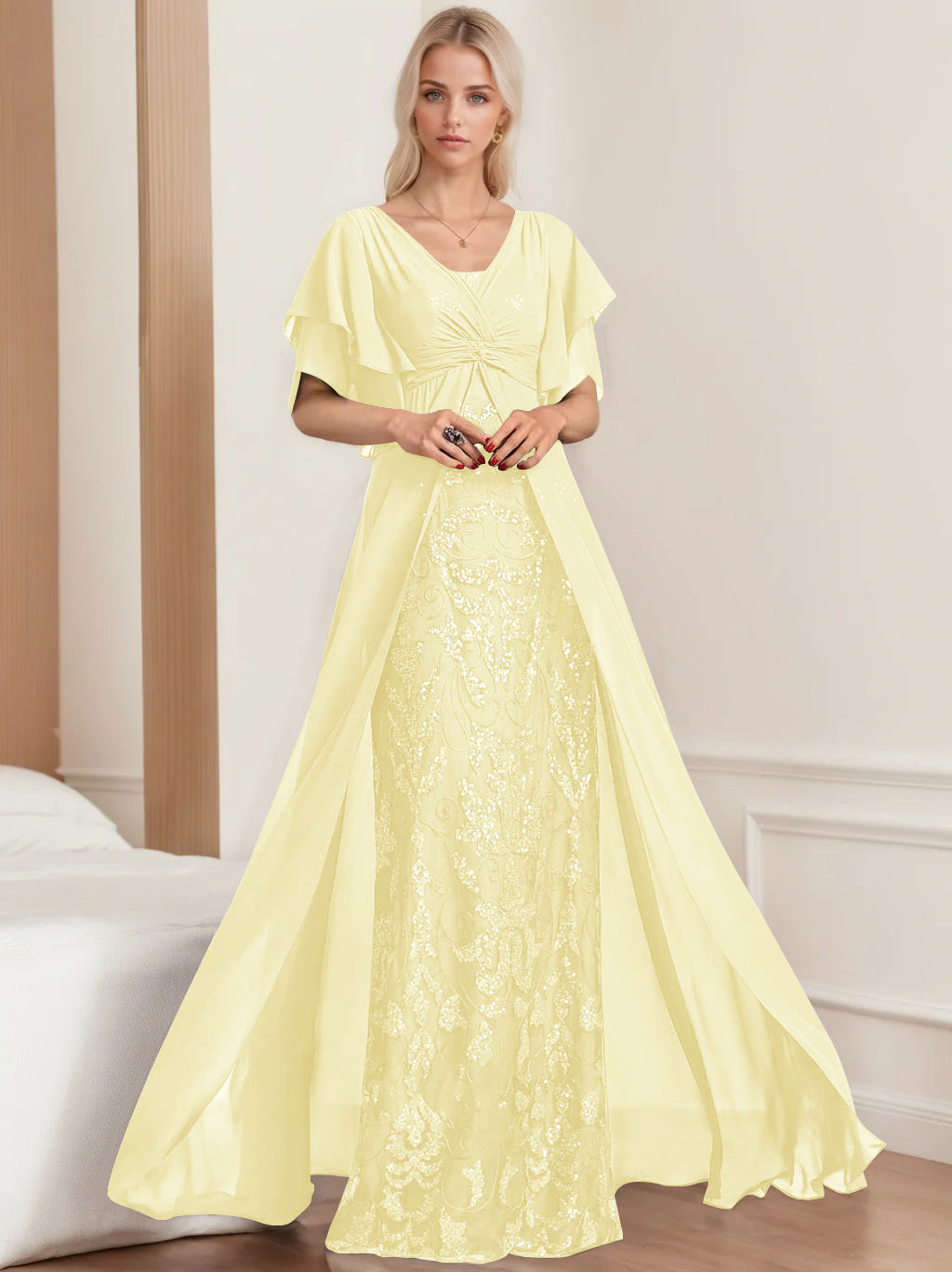 Plus Size Mother of the Bride A-Line Floor-Length Dress with V-Neck and Half Sleeves