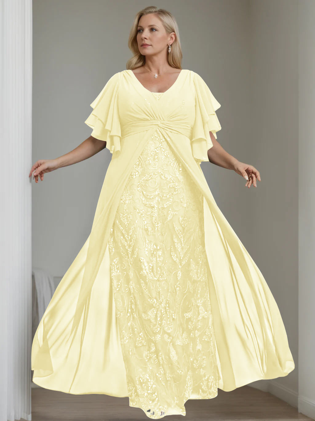 Plus Size Floor-Length Mother of the Bride A-Line Dress with V-Neck and Half Sleeves-27prom