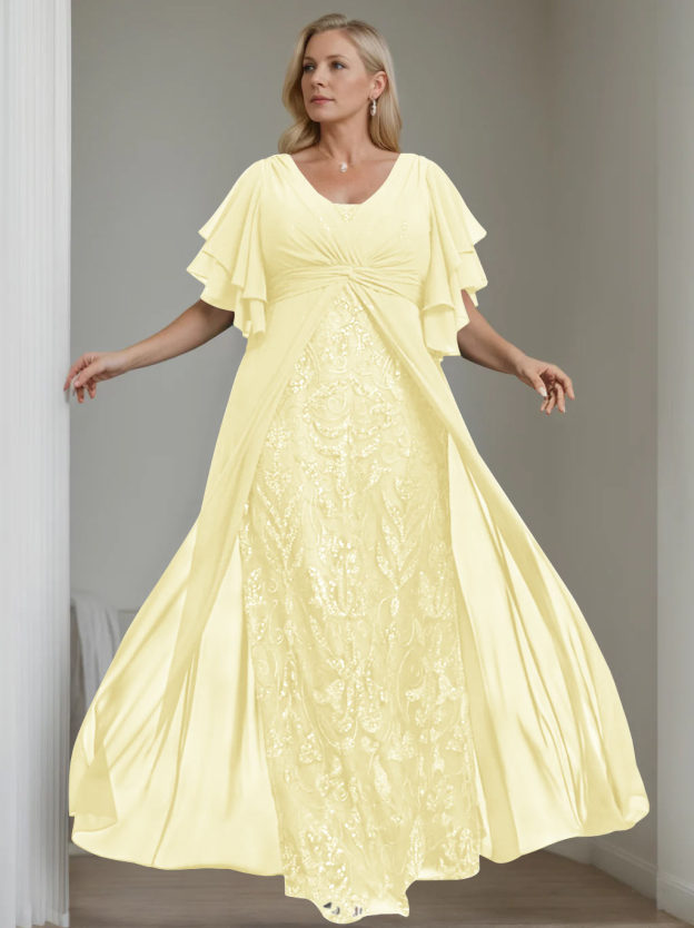 Plus Size Floor-Length Mother of the Bride A-Line Dress with V-Neck and Half Sleeves-27prom
