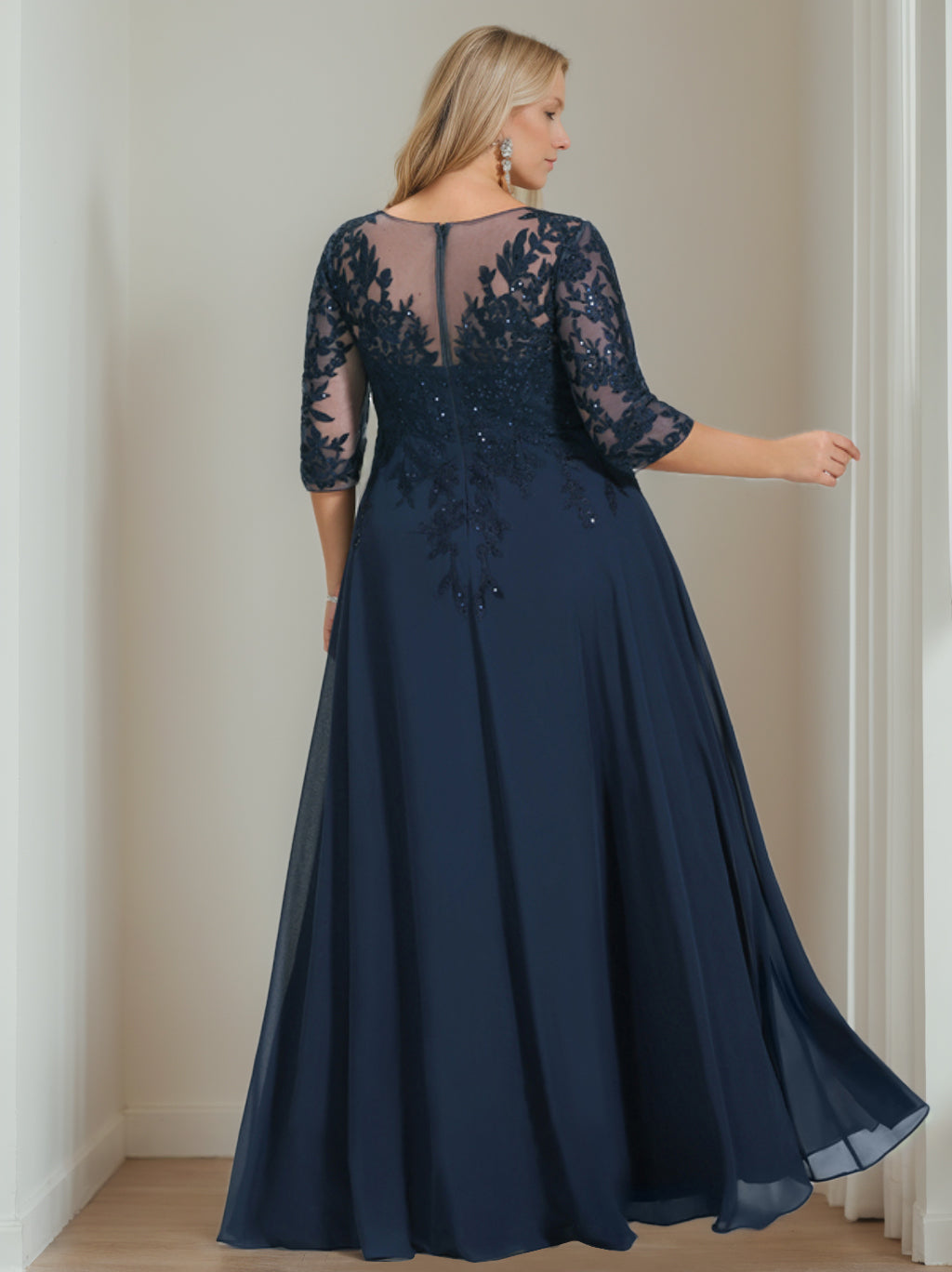 Plus Size V-Neck A-Line Princess Floor-Length Mother of the Bride Dress with Half Sleeves and Sequins-27prom