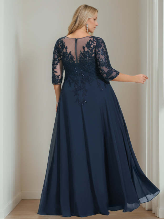 Plus Size V-Neck A-Line Princess Floor-Length Mother of the Bride Dress with Half Sleeves and Sequins-27prom