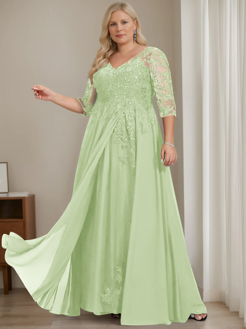 Plus Size V-Neck A-Line Princess Floor-Length Mother of the Bride Dress with Half Sleeves and Sequins-27prom