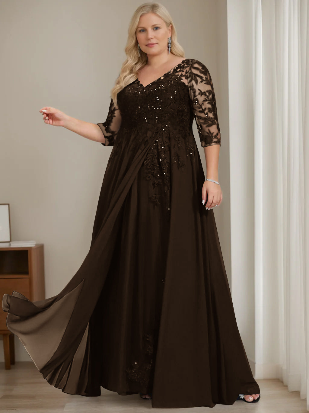 Plus Size V-Neck A-Line Princess Floor-Length Mother of the Bride Dress with Half Sleeves and Sequins-27prom