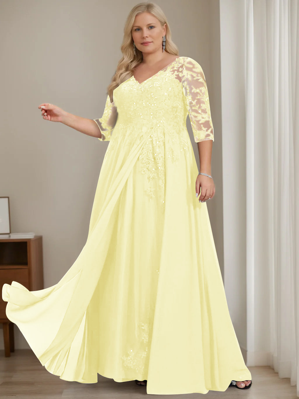Plus Size V-Neck A-Line Princess Floor-Length Mother of the Bride Dress with Half Sleeves and Sequins-27prom