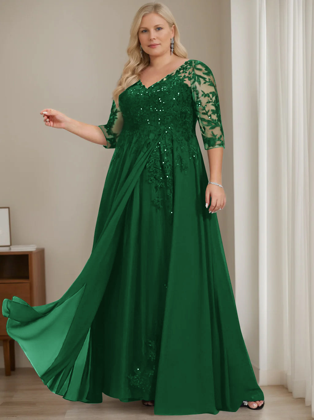 Plus Size V-Neck A-Line Princess Floor-Length Mother of the Bride Dress with Half Sleeves and Sequins-27prom