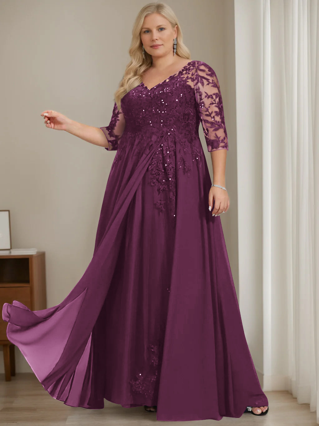 Plus Size V-Neck A-Line Princess Floor-Length Mother of the Bride Dress with Half Sleeves and Sequins-27prom
