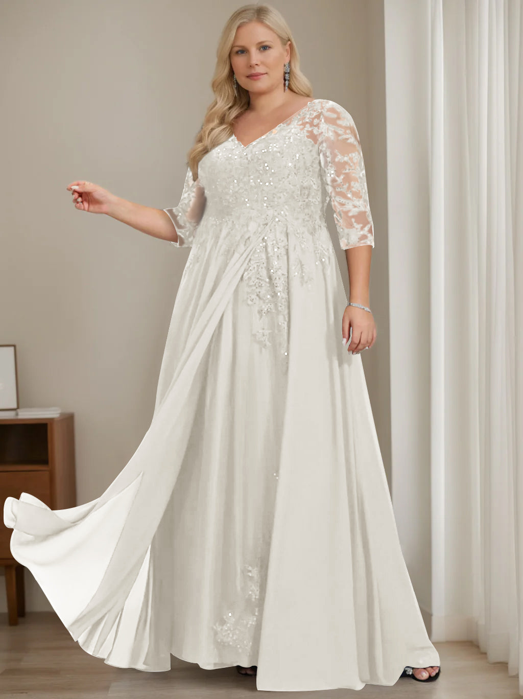 Plus Size V-Neck A-Line Princess Floor-Length Mother of the Bride Dress with Half Sleeves and Sequins-27prom