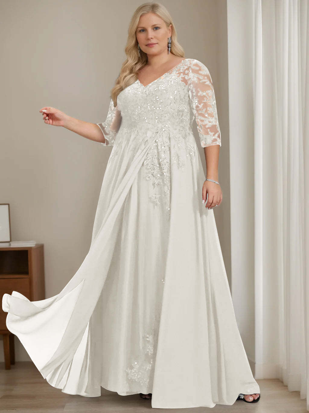 Plus Size V-Neck A-Line Princess Floor-Length Mother of the Bride Dress with Half Sleeves and Sequins-27prom