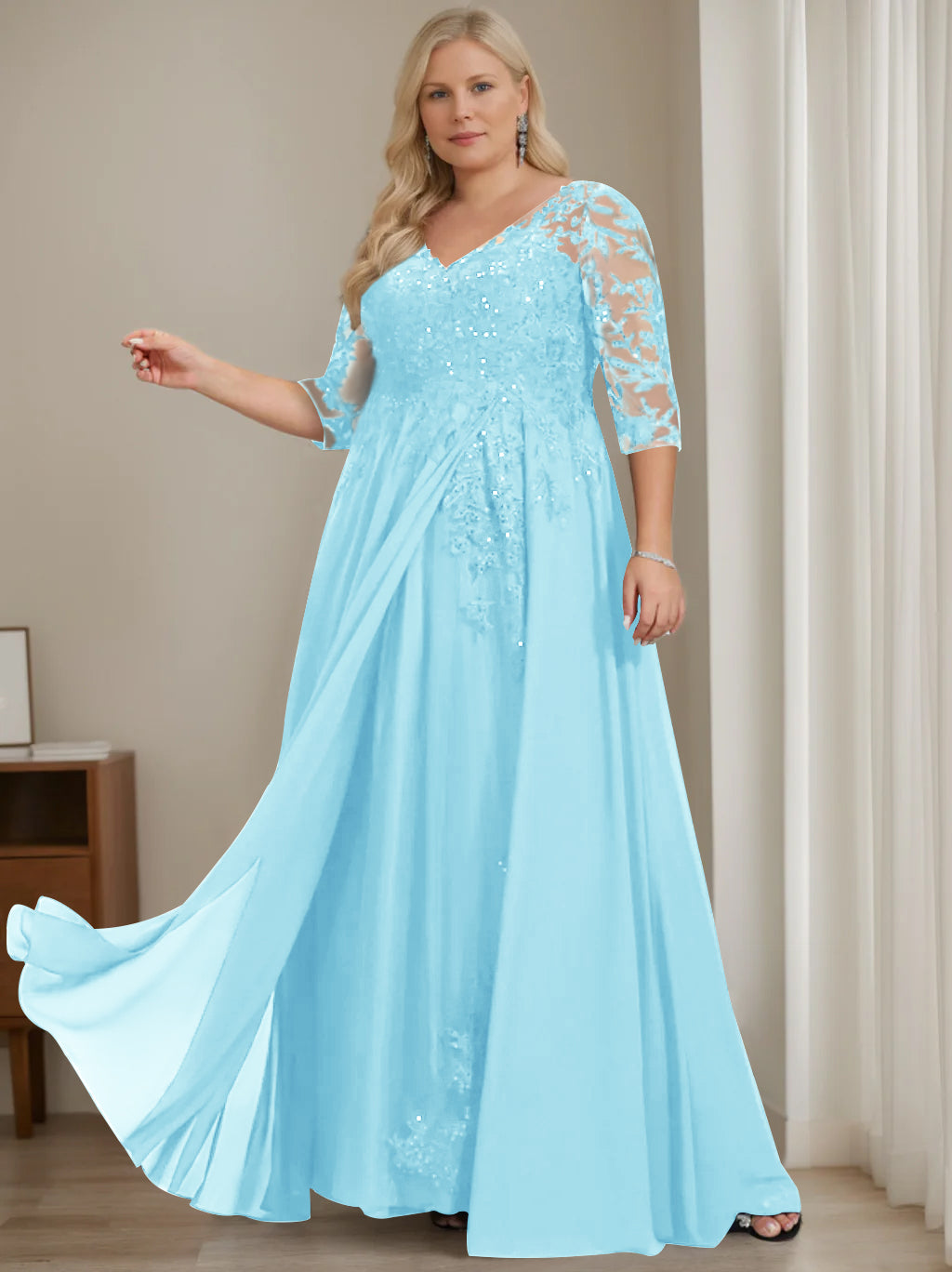Plus Size V-Neck A-Line Princess Floor-Length Mother of the Bride Dress with Half Sleeves and Sequins-27prom