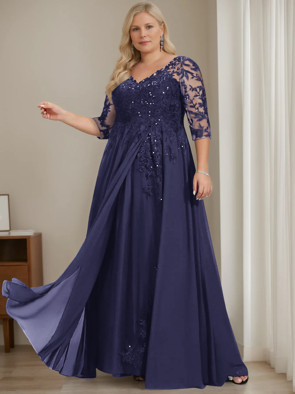 Plus Size V-Neck A-Line Princess Floor-Length Mother of the Bride Dress with Half Sleeves and Sequins-27prom