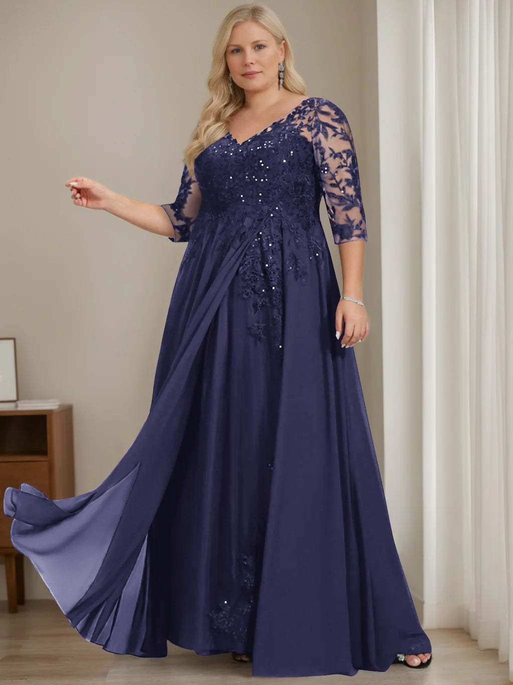 Plus Size V-Neck A-Line Princess Floor-Length Mother of the Bride Dress with Half Sleeves and Sequins-27prom