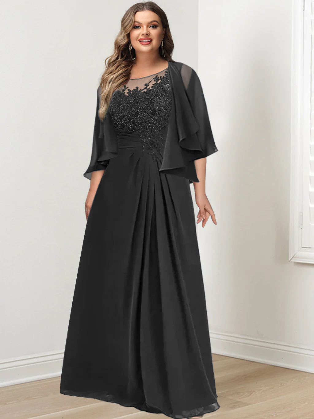 Plus Size Mother of the Bride A-Line Princess Scoop Floor-Length Dress with Pleated & Sequins-27prom