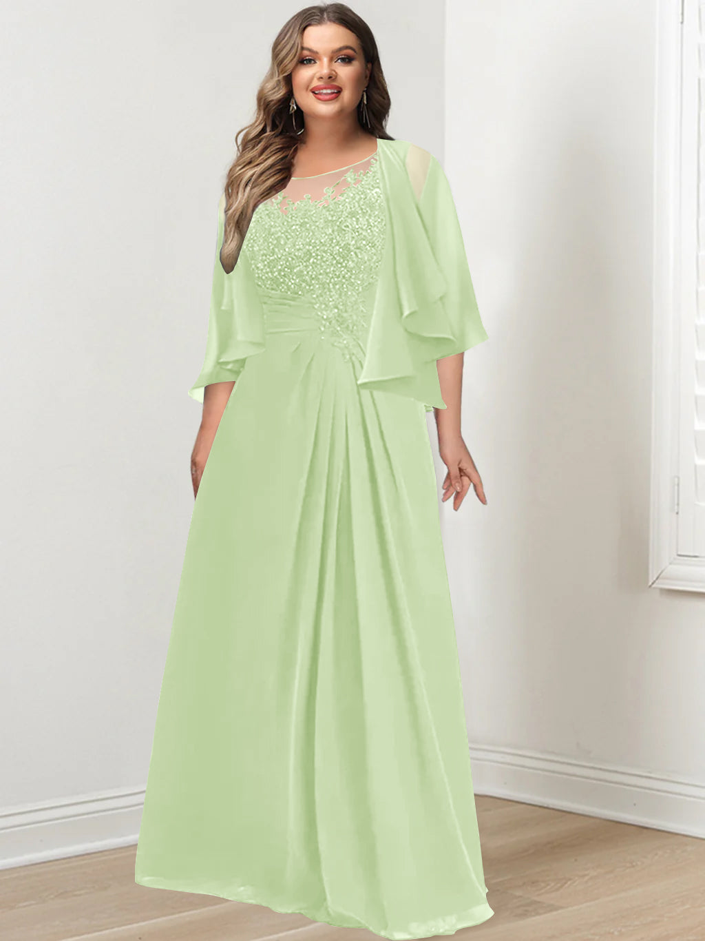 Plus Size Mother of the Bride A-Line Princess Scoop Floor-Length Dress with Pleated & Sequins-27prom