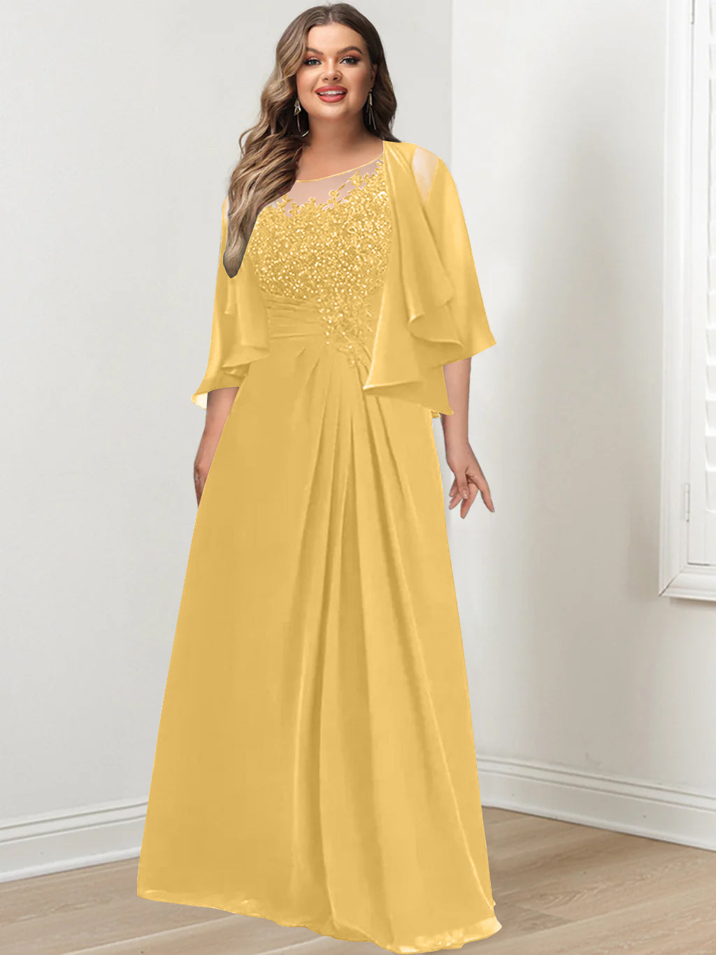 Plus Size Mother of the Bride A-Line Princess Scoop Floor-Length Dress with Pleated & Sequins-27prom