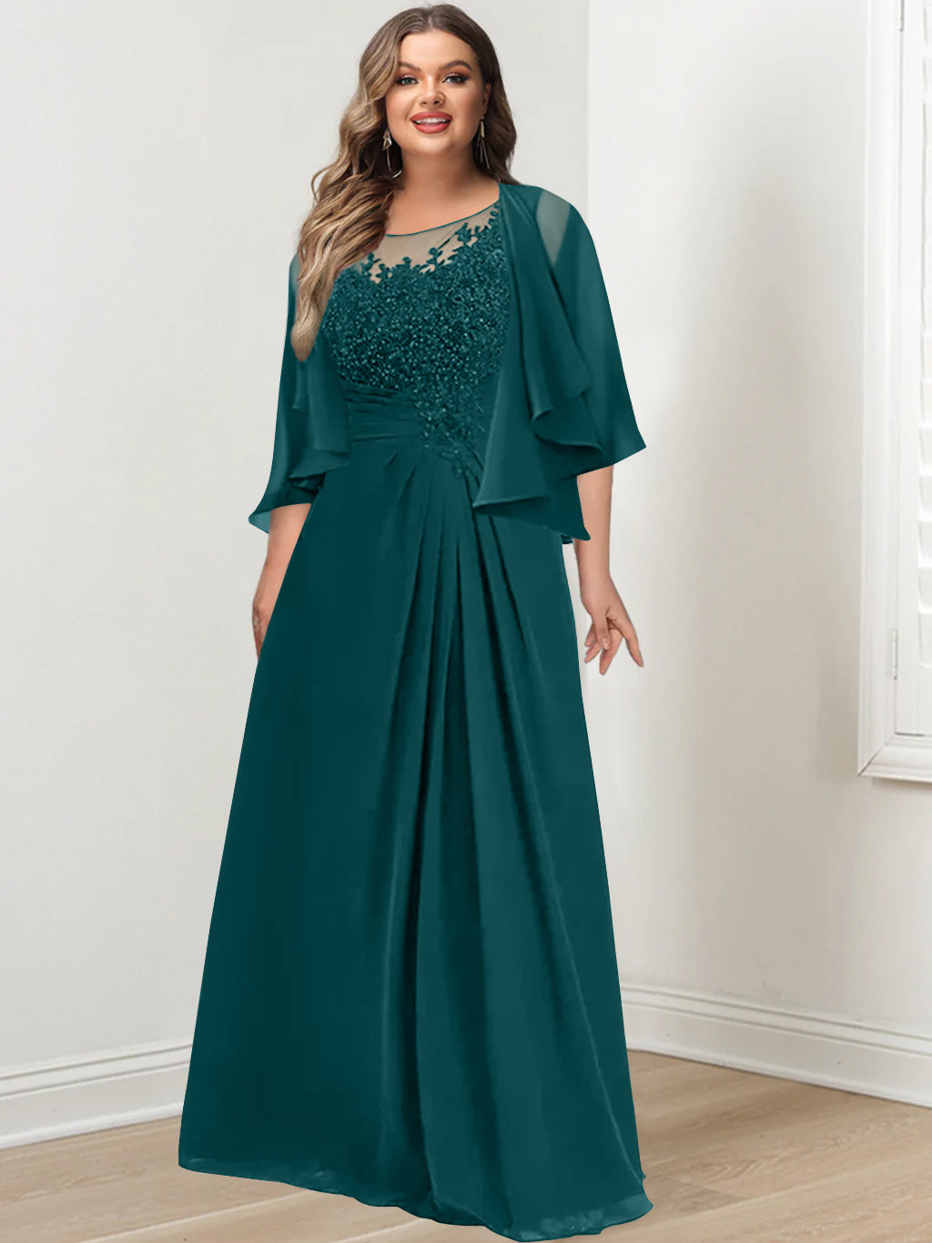 Plus Size Mother of the Bride A-Line Princess Scoop Floor-Length Dress with Pleated & Sequins-27prom