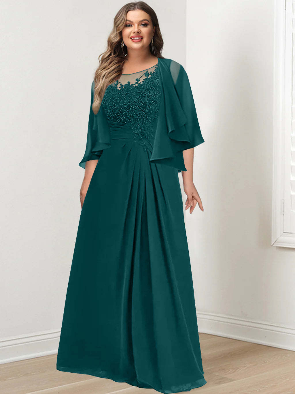 Plus Size Mother of the Bride A-Line Princess Scoop Floor-Length Dress with Pleated & Sequins-27prom
