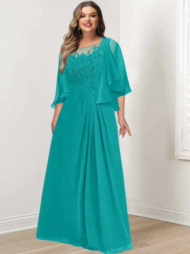 Plus Size Mother of the Bride A-Line Princess Scoop Floor-Length Dress with Pleated & Sequins-27prom