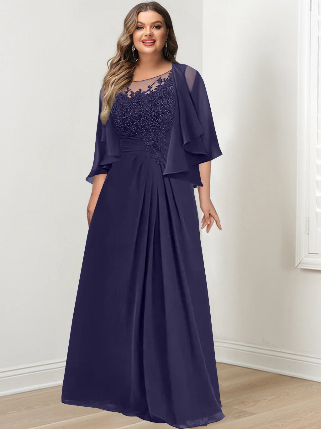 Plus Size Mother of the Bride A-Line Princess Scoop Floor-Length Dress with Pleated & Sequins-27prom
