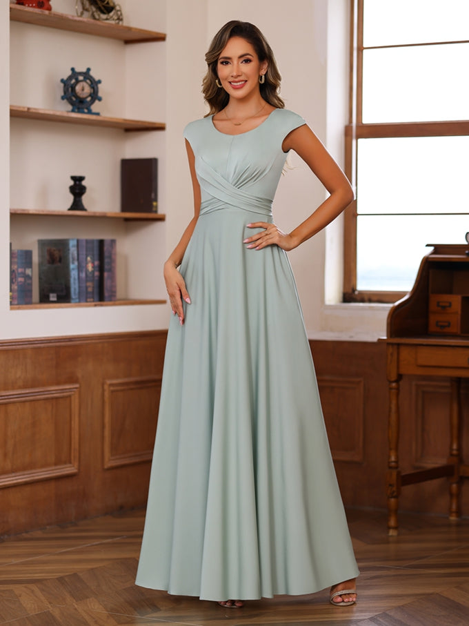 Floor-Length Mother of the Bride A-Line Dress with Scoop Neck and Ruffled Short Sleeves-27prom