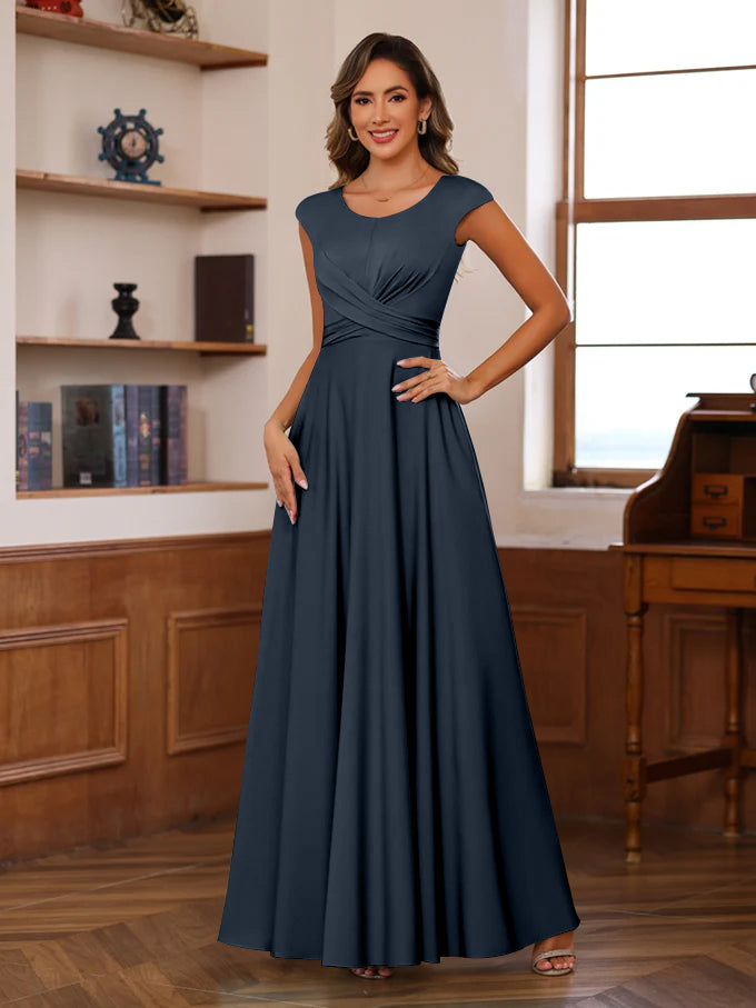 Floor-Length Mother of the Bride A-Line Dress with Scoop Neck and Ruffled Short Sleeves-27prom